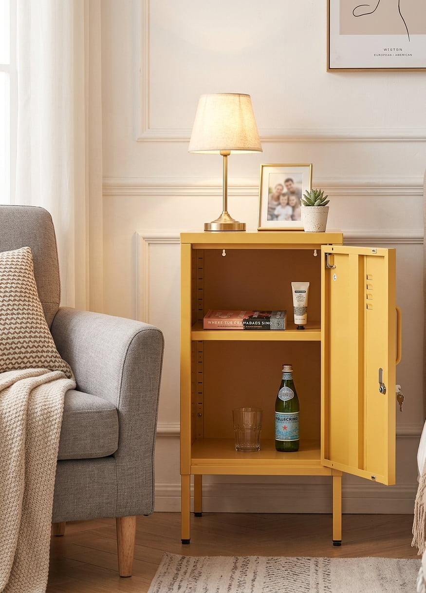 Leumius Small Metal Nightstand with Adjustable Shelf & Lockable Door,Modern Bedside Table End Table Side Cabinet for Bedroom,Living Room,Yellow