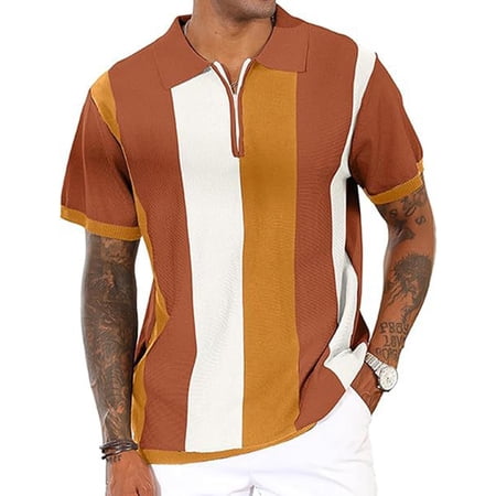 Wrtxtat Colorblock T-Shirt for Men Striped Quarer Zip Collared Tee Shirts Casul Short Sleeve Golf Shirt Big and Tall Brown M