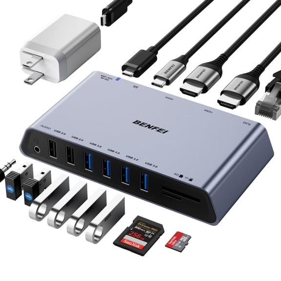 Open Box BENFEI DisplayLink 12-in-1 USB 3.0 Docking Station with Dual HDMI Display/6*USB Ports/SD/TF Card Reader/Gigabit Ethernet/3.5mm Headphone Jack