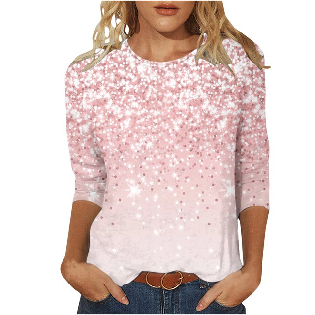 Bowake Hauts d'Été pour Femmes 2024 Col Rond Manches 3/4 T-Shirts Pailletés Scintillants pour Femmes T-Shirts Décontractés Chics Roses 4