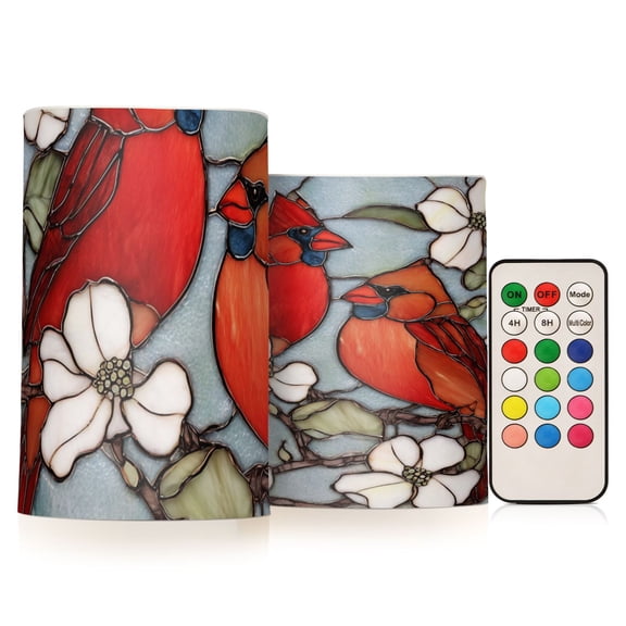 Two Cardinals Perched on A Dogwood Flower Flickering Flameless Candles Battery Operated with Remote Timer LED Pillar Candles Set of 2