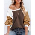 thumbnail image 2 of Sudadera de lana difusa con cuello redondo para mujer, informal, de moda, manga larga abombada, bloque de color, Tops, café, XXL, 2 of 6