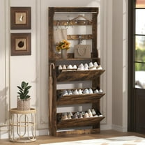 Tall Shoe Cabinet with Coat Rack, Hidden Shoe Storage Cabinet with Doors & Drawer, Hanging Bar & Hooks, Slim Narrow Freestanding Shoe Rack Organizer for Entryway, Hallway & Living Room, Brown