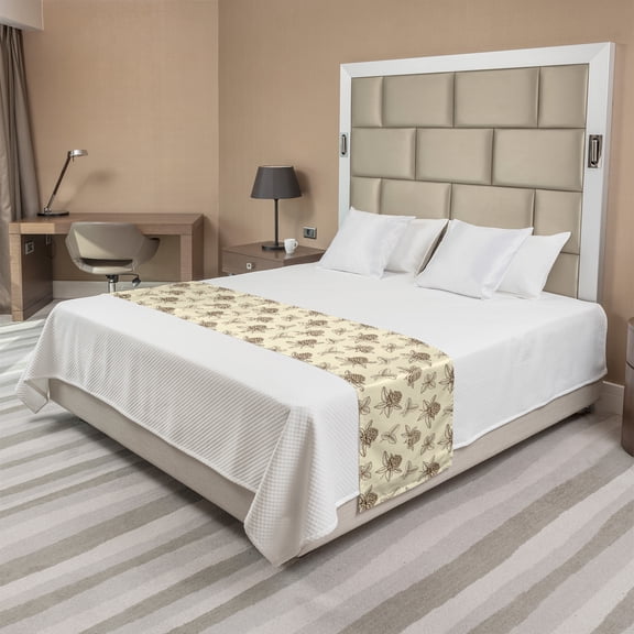 Spring Bed Runner, Clover Flower Branches Gardening Summer Blossoms Yard Essence Nature Illustration, Decorative Accent Bedding Scarf for Hotels Homes and Guestrooms, King, Cream Brown, by Ambesonne