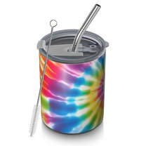 12oz Coffee Tumblers Rainbow Tie Dye Mandala Pattern Stainless Steel Vacuum Insulated Travel Tumbler Coffee Cups Mug with Lid and Straw with Cleaning Brush for Cold & Hot Drinks