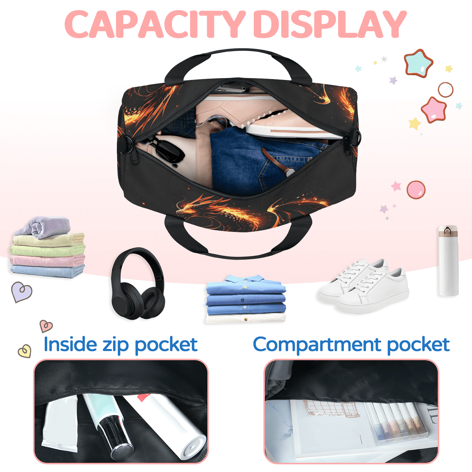 Herdesigns Fire Dragon Gym Bag for Women, Duffle Bag for Travel Sport, Lightweight Waterproof Carry on Weekender Overnight Dance Yoga Workout Bags