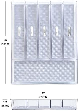 Silverware & Utensil Drawer Organizer - Divided Clear Plastic Storage Tray with 6 Compartments for Kitchen Flatware and Cutlery - BPA Free, Food Safe, Non Slip, 12x15 inches