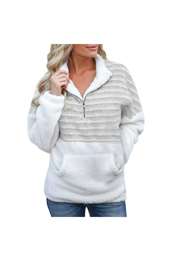 Women's Shearling Jacket Long Sleeve Stripes Pullover V-Neck Outwear, Casual Ladies Plush Colorblock Thermal Sweater Jacket