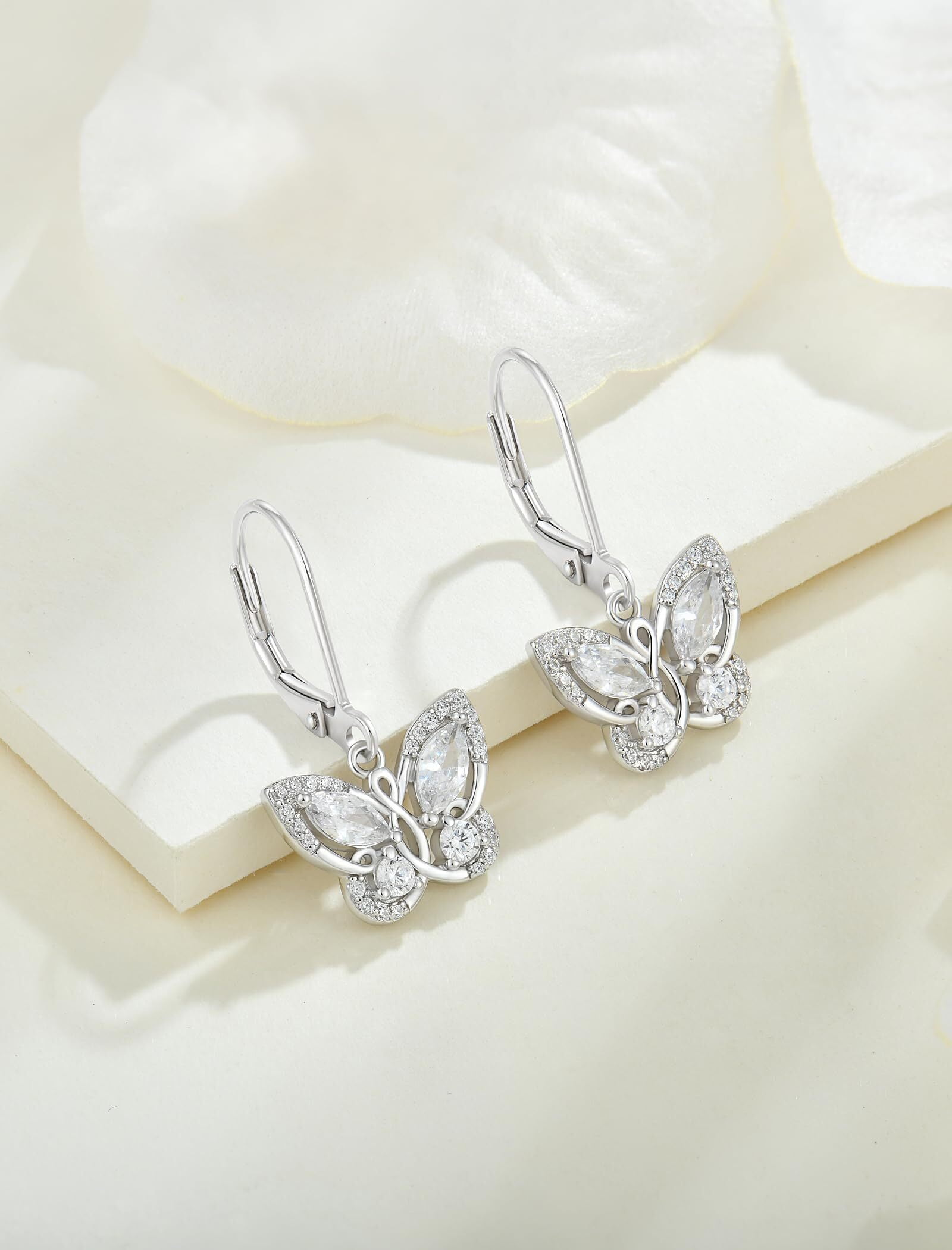 Starchenie Butterfly Earrings for Women 925 Sterling Silver Leverback Earrings  April Birthstone Cubic Zirconia Butterfly Jewelry Gifts