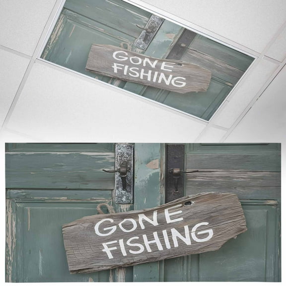 1 Pack GONE FISHING Fluorescent Light Covers for Ceiling Lights Bronze Wood Grain Vintage Farmhouse Magnetic Ceiling Light Covers Overhead Light Filters for Office Classroom Home