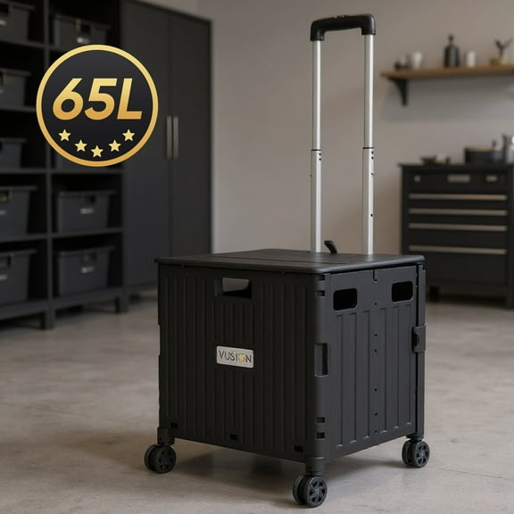 VUSIGN Collapsible Rolling Crate, 65L Foldable Utility Cart on Wheels for Teachers Schools Home Office Shopping, Black