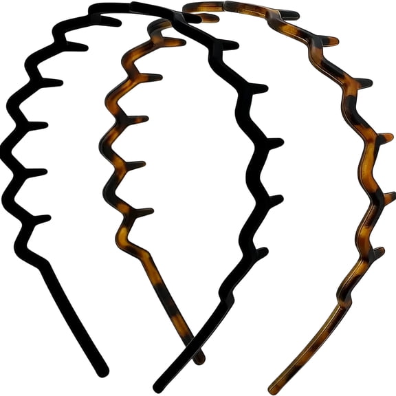 Zig Zag Headbands for Women, Wavy Headband 2-Pack Non-Slip Comb Headband - Black & Tortoise