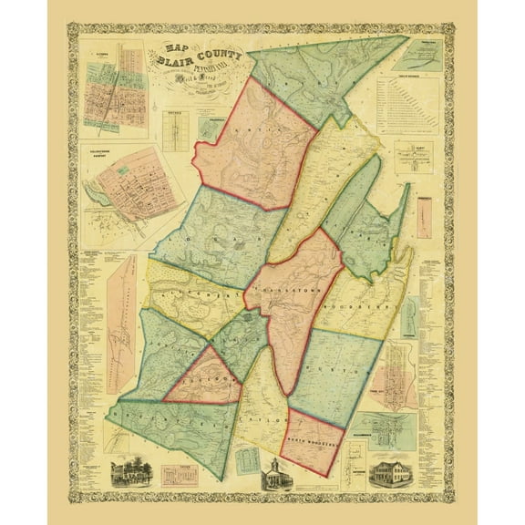 Historic County Map - Blair County Pennsylvania - Chestnut 1859 - Vintage Wall Art
