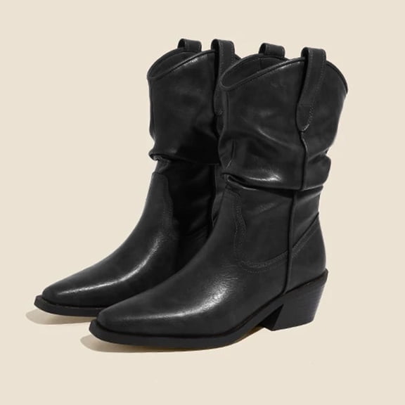 Retro Pointed Slim And Thick Heel Stacking Boots 2025 And Winter Mid Length Boots Western Boots Denim Short Boots For Women