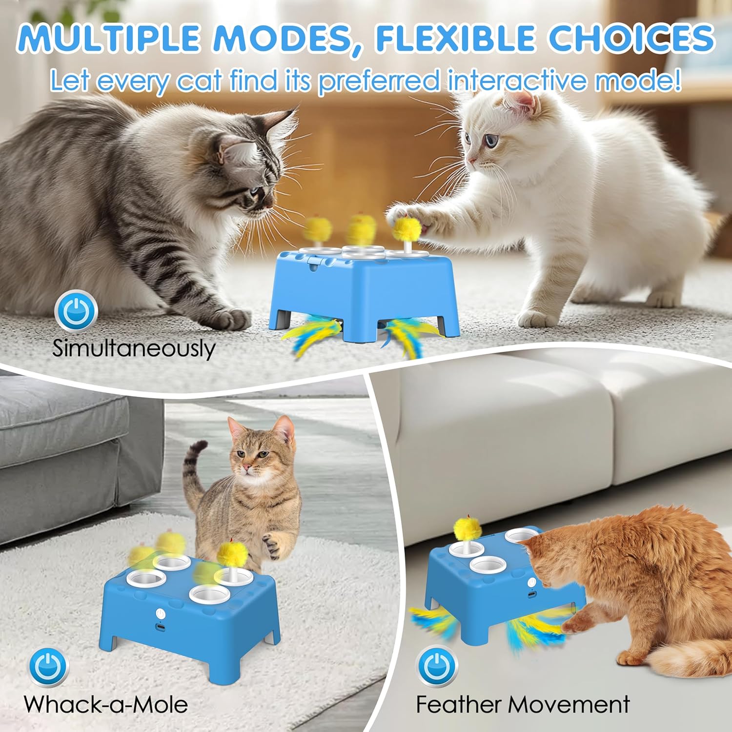 Cat Toys, Interactive Cat Toys, 2-in-1 Automatic Cat Toy, 4 Holes Mice Whack A Mole Cat Mouse Toy with Moving Feather, Portable USB Rechargeable Electronic Kitten Toys