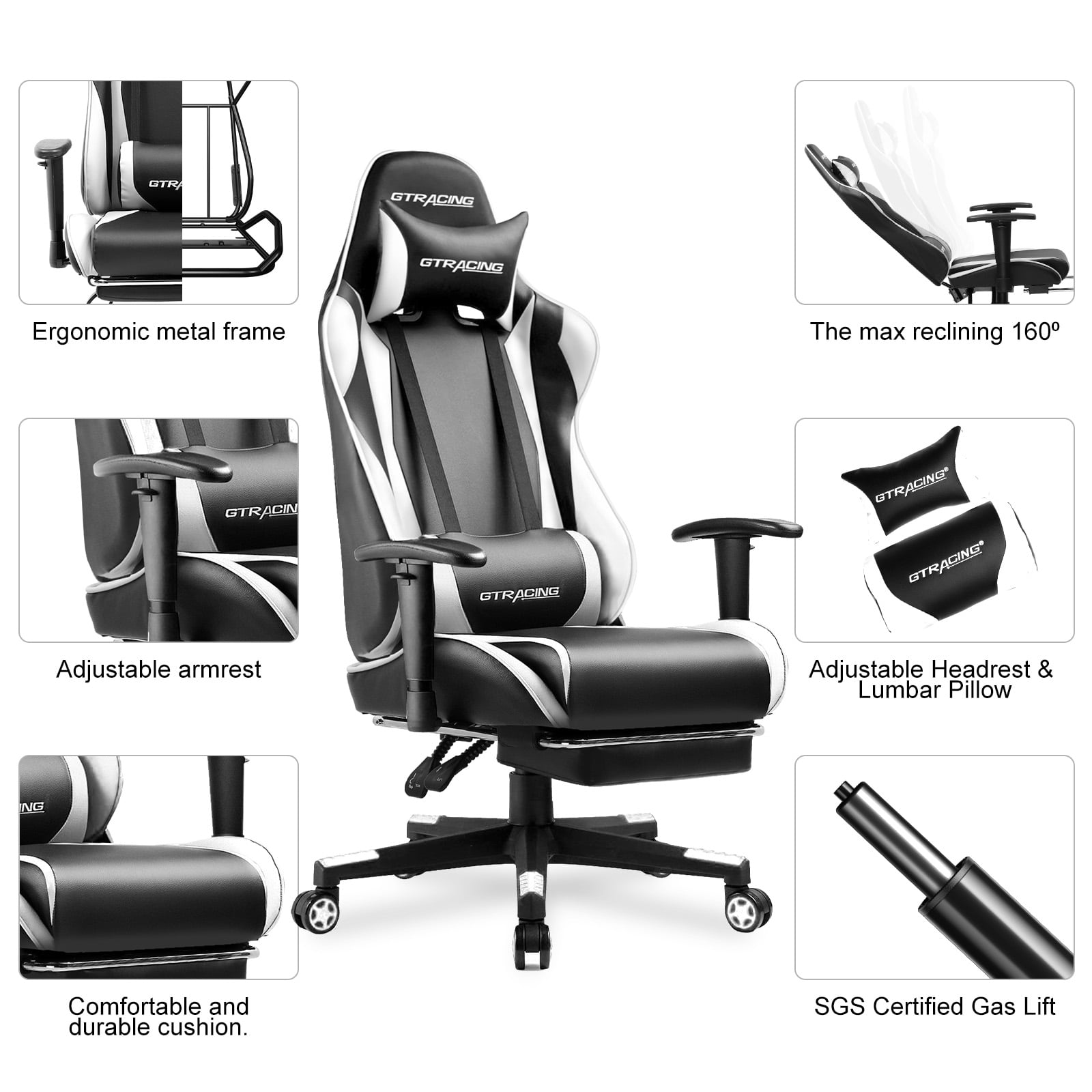 GTRACING Gaming Chair with Footrest Ergonomic Reclining Office Chair Swivel Rocker, White