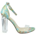 thumbnail image 2 of Delicious Women Thick Block Chunky Clear Perspex High Heels Ankle Strap Open Peep Toe with Transparent Clear Strap Embroidery Stitch Print SHANA-S Turquoise Light Blue 9, 2 of 3