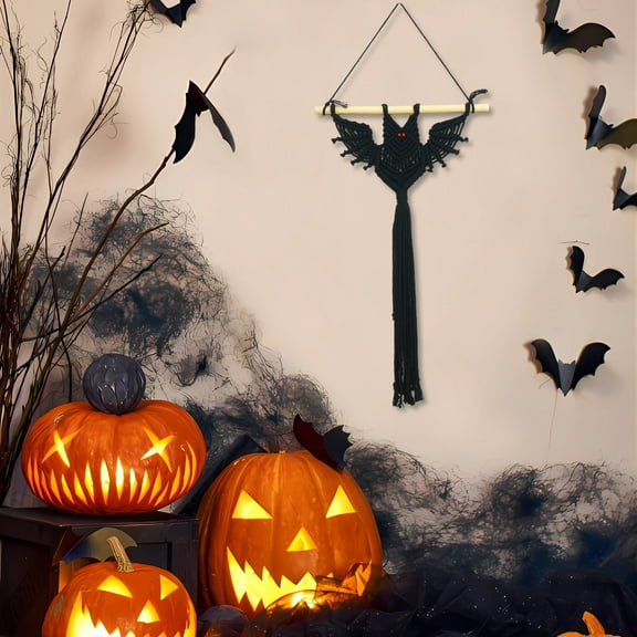 HVEST Halloween Black Bat Macrame Wall Hanging- Horror Bat Wall Decor, Gothic Decorations Outdoor, Yard, Tree, Handmade Hanging Decor for Bedroom, Spooky Season Ornaments