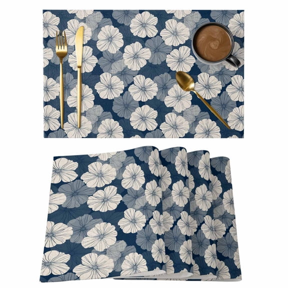 Blue Flower Placemats Set of 2, Retro Country Farmhouse Blue Floral Linen Non-Slip Place Mats Washable Table Mats for Kitchen Dining Table Decorations Indoor/Outdoor