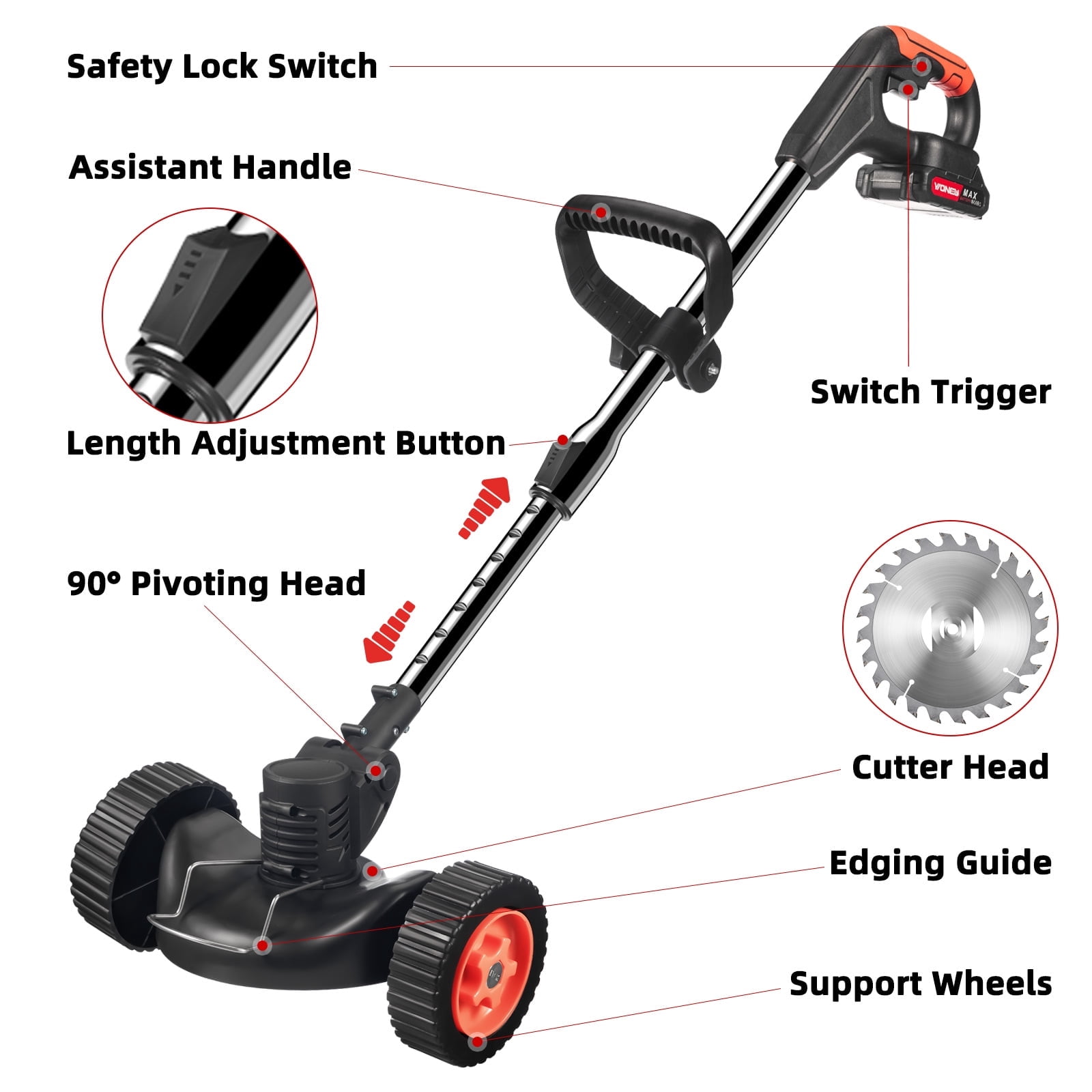 JLLOM Electric Weed Eater, Weed Wacker 3 in 1 Cordless Push Lawn Trimmer with Wheels Weed Eater Tool with Adjustable Handle 3 Function Blades Weed Eater Brush Cutter for Yard and Garden (Red)