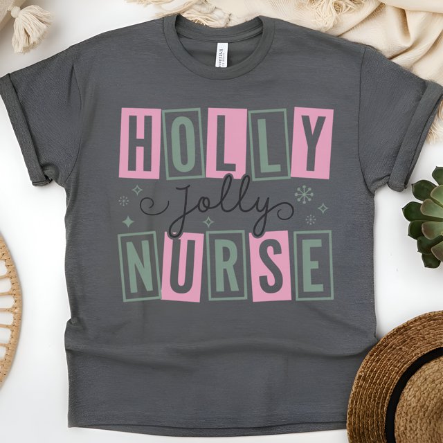 Holly Jolly Nurse Graphic T-Shirt with Fun Letter Design, Dark Heather, Size S