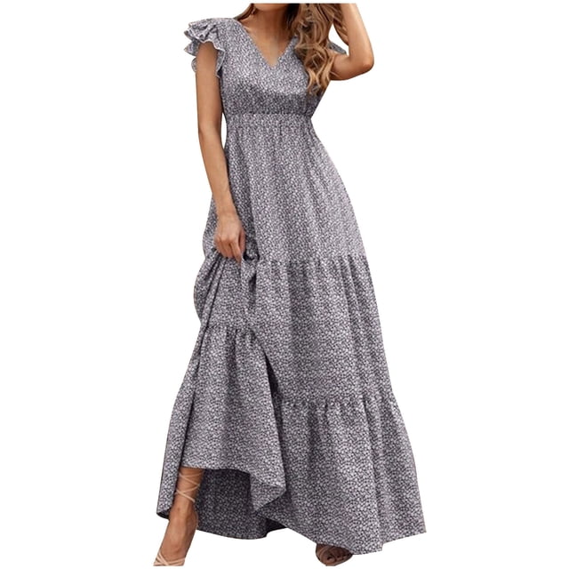 Pisexur Robes pour Femmes Mode Boho Imprimé Floral Robes d'Été Décontractées Tunique Fluide Robe Manches Courtes Col en V Robe d'Été Tendance à Étages Ample Robe de Plage Confortable Légère Taille Haute Longue Robe