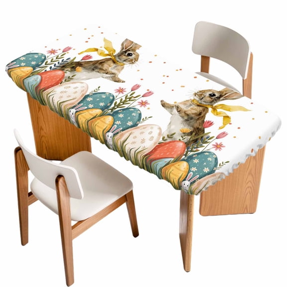 Easter Bunny Eggs Table Cloths for 6 Foot Rectangle Tables, Spring Tulip Daisy Flowers Leaves Country Patio Waterproof Elastic Fitted Tablecloths, Washable Rectangular Table Cover for Camping