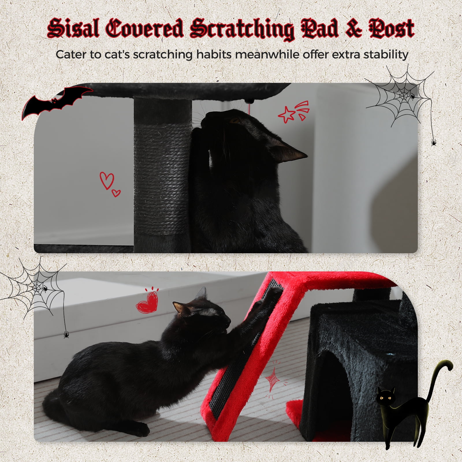 Pefilos 32" Cat Tree Tower, Cute Cat Condo with Sisal Scratching Ramp, Cozy Hammock and Removable Top Bed Perch for Indoor Kittens, Black