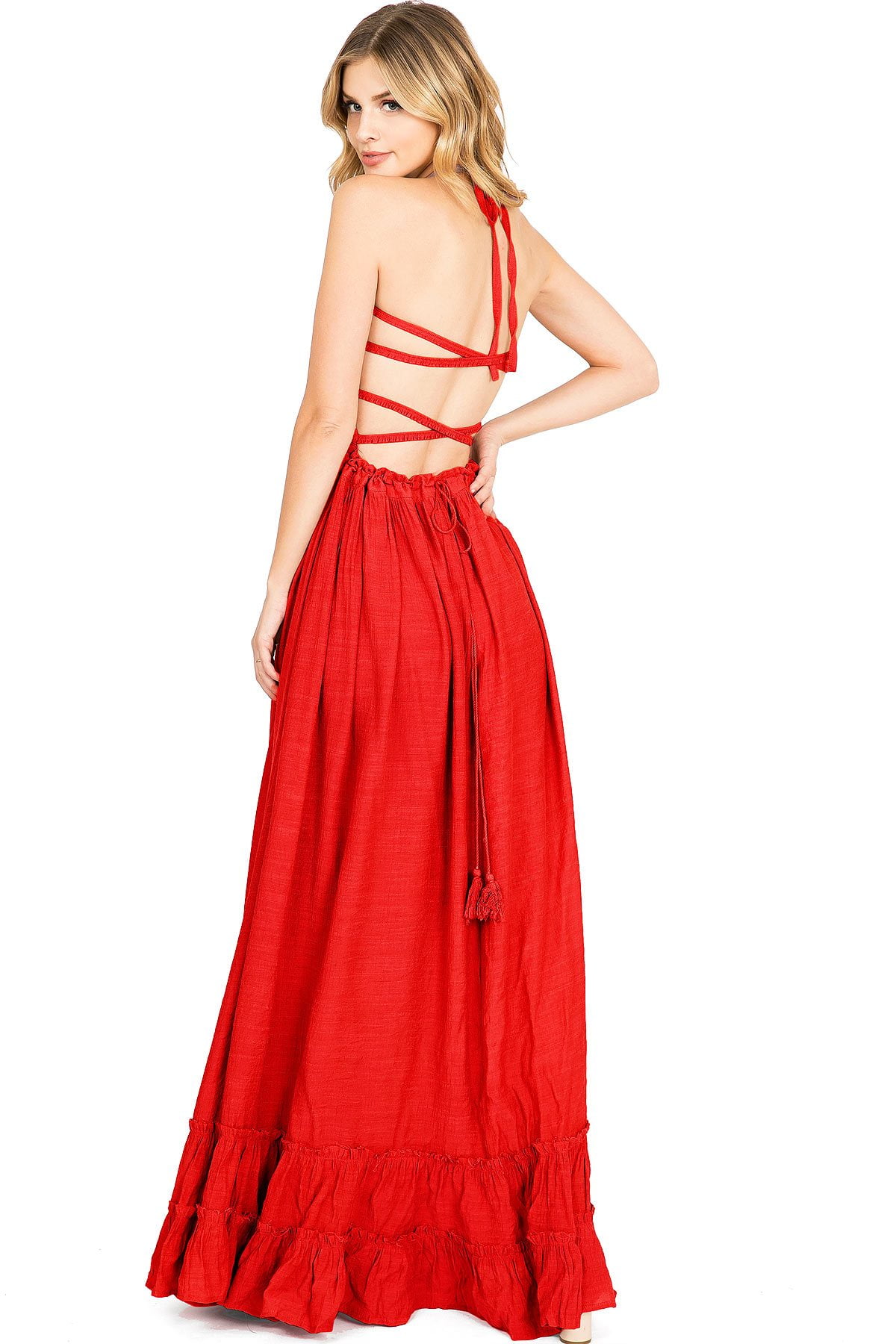 red open back maxi dress