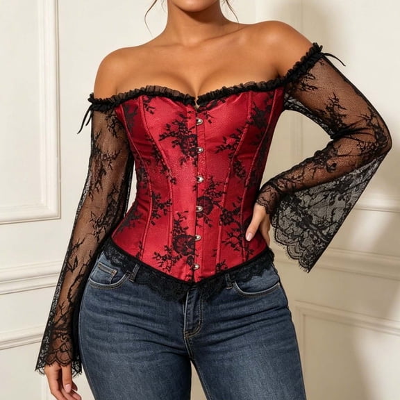 Women's Gothic Halloween Costume Corset Off Shoulder Long Sleeve Lace Trim Bustier Vintage Boned Top for Vampire Witch Cosplay Renaissance Party Wear