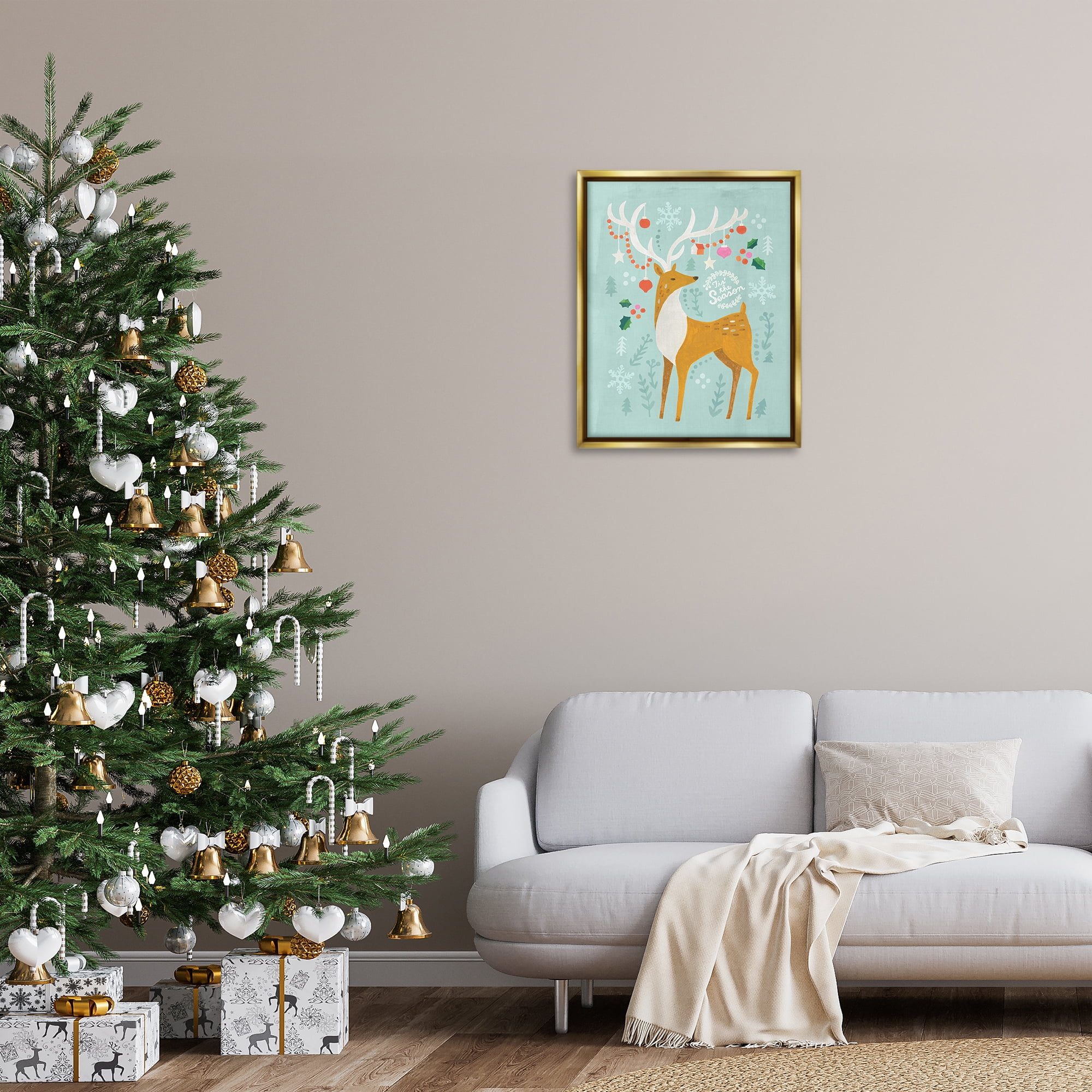 Stupell Industries Tis The Season Reindeer Holiday Painting Gold Floater Framed Canvas Art Prints Wall Art, 25 x 31