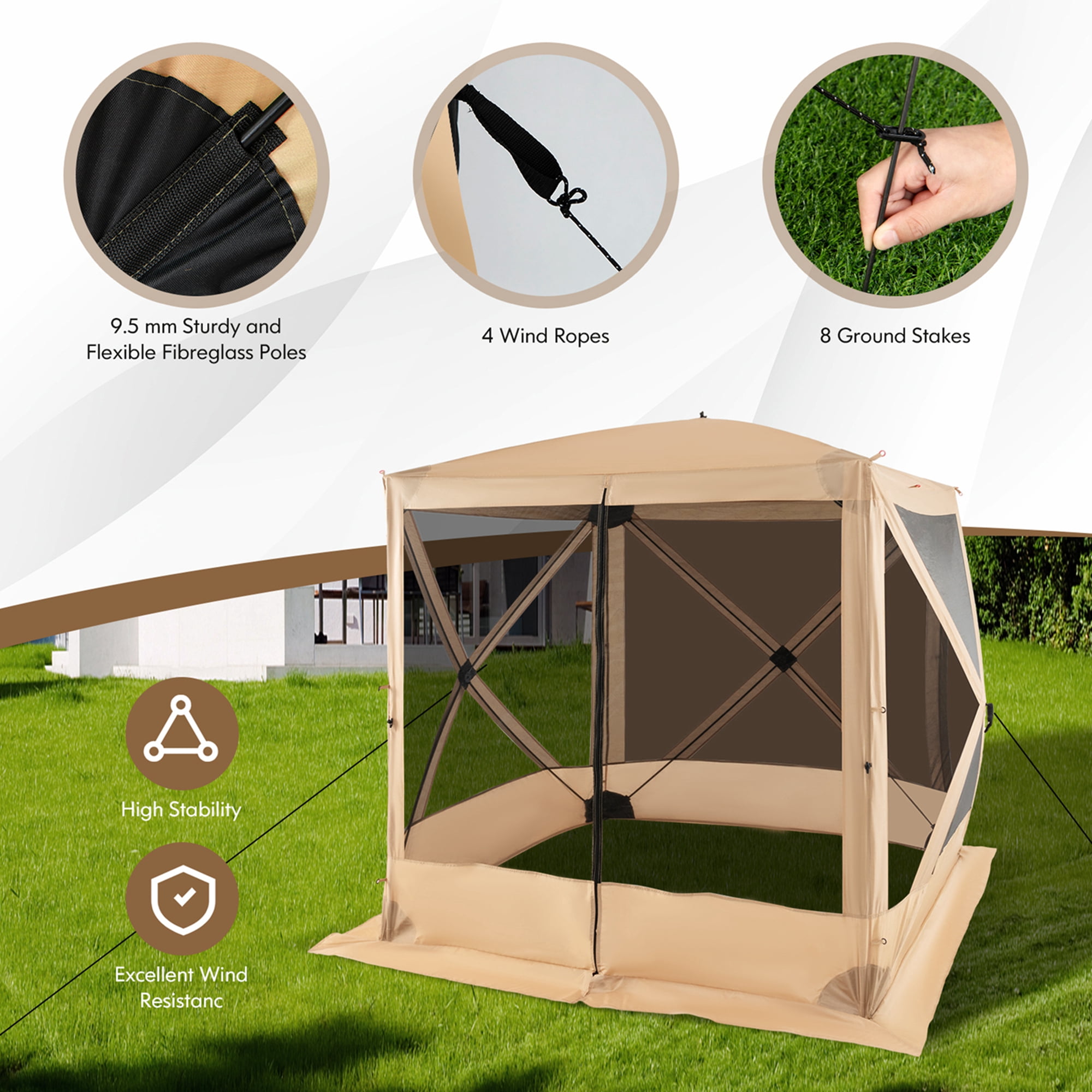 Costway 6.7 FT x 6.7 FT 4-Panel Pop up Camping Gazebo Quick-Set with 2 Sunshade Cloths Coffee