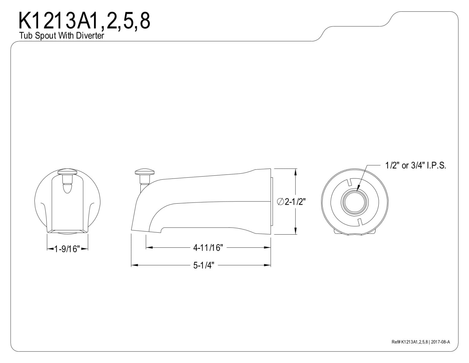 Kingston Brass K1213A8 Rear Threaded Tub Spout with Top Diverter, Brushed Nickel