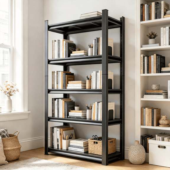 72"H Plant Rack, 40"W Metal Bookshelf, 5-Tier Heavy Duty Storage Shelves, 3000 lbs Adjustable Industrial Standing Shelf for Warehouse, Basement, Double-Layer Columns,Black