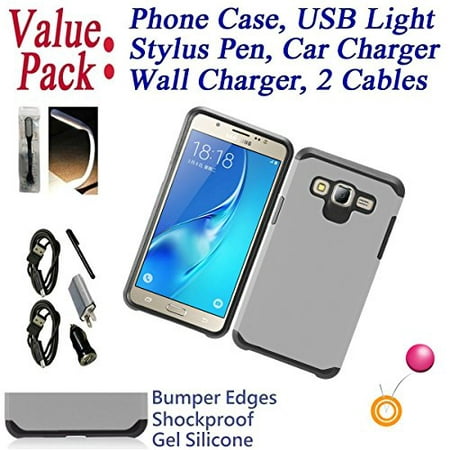 Value Pack Cables + for 5" Samsung Galaxy J5 Prime On5 Case Phone Case Hybrid Armor Layers Shock Proof Edge Scratch Shield Slim Bumper Cover Grey
