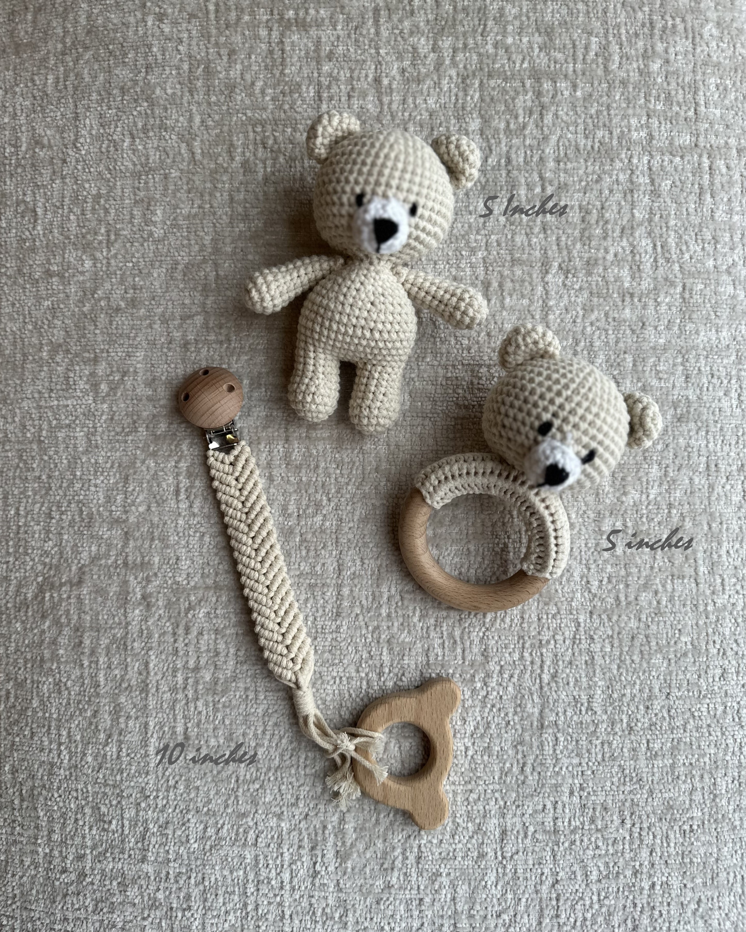 Organic Cotton Handmade Crotchet Bear Rattle, Toy, teether and Pacifier Holder Baby Shower/Birthday Gift Set., Small, Beige