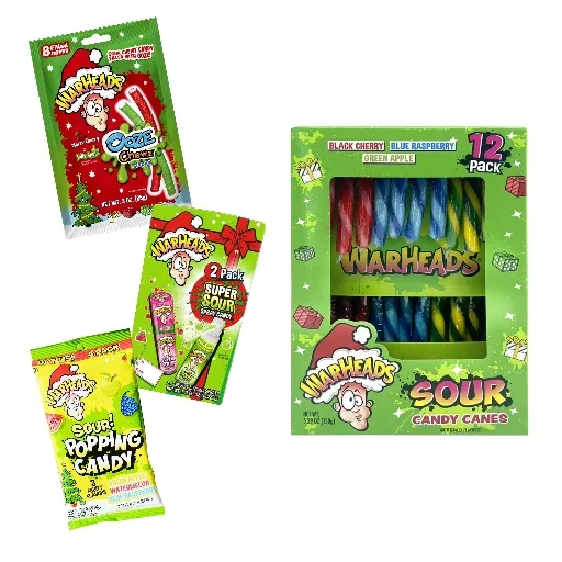 Holiday Sour Candy Bundle – Warheads Spray, Ooze Chewz Ropes, Popping Candy & Candy Canes