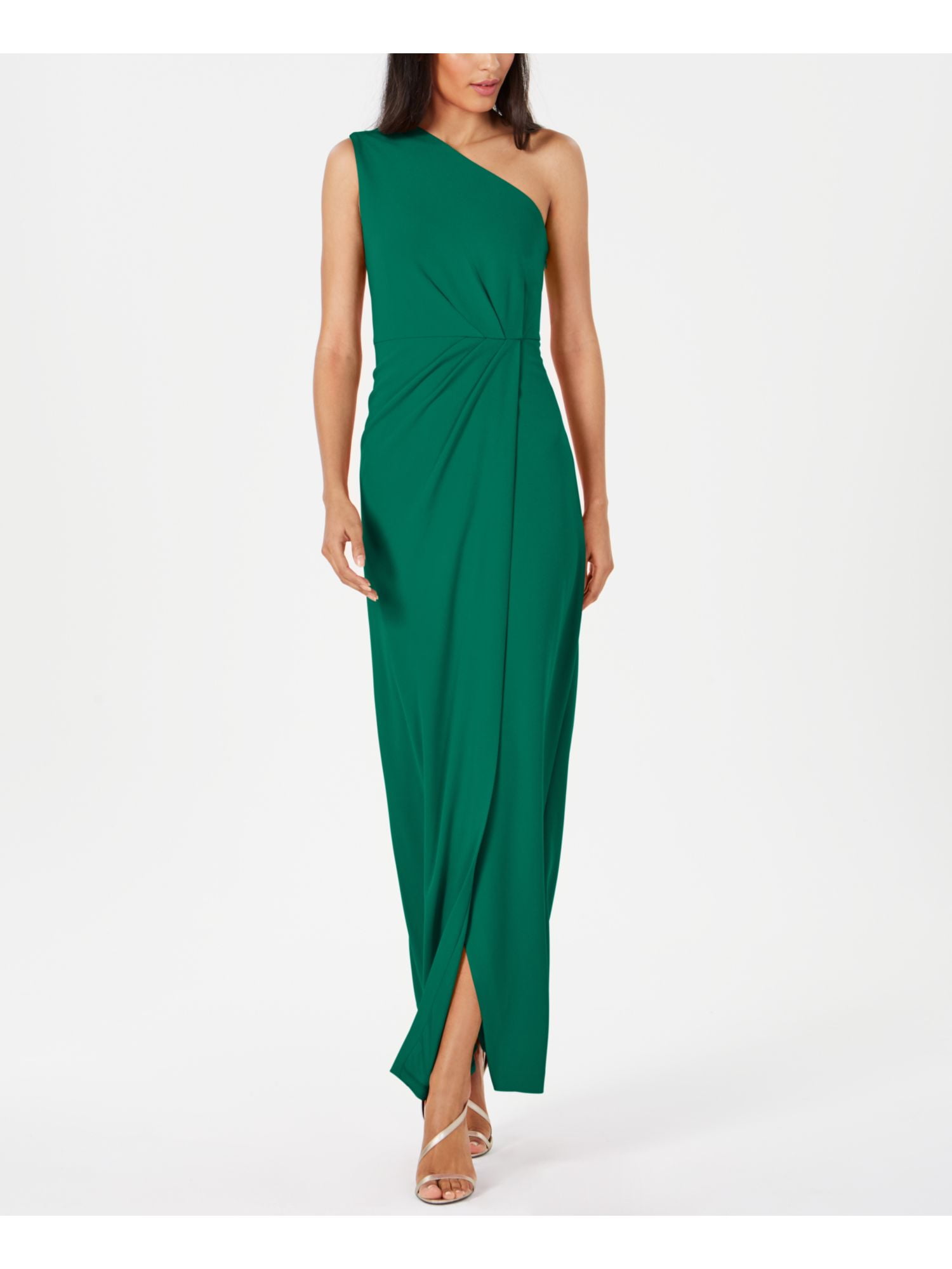 CALVIN KLEIN Womens Green Gathered Asymmetrical Neckline Tea-Length Evening  Body Con Dress 10 