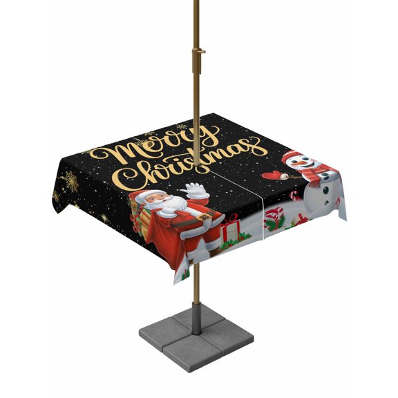 Outdoor Tablecloth with Umbrella Hole and Zipper, Black Christmas Square Table Cloth 60x60 Inch Waterproof Tablecloth, Santa Snowman Xmas Gifts Snowflake Winter Picnic Table Cover for Patio Camping