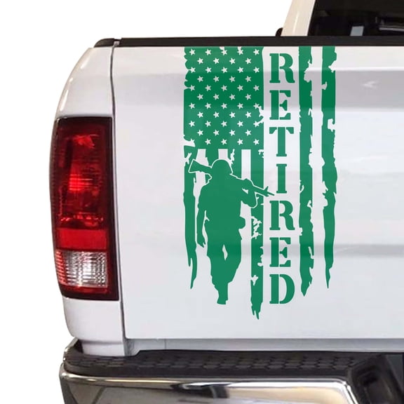 Retired Soldier Veteran Distressed American USA US Flag Truck Tailgate Vinyl Decal Compatible with most Pickup Trucks U.S. Army Sticker USAF USMC US Navy Decal (11" x 20", Green)