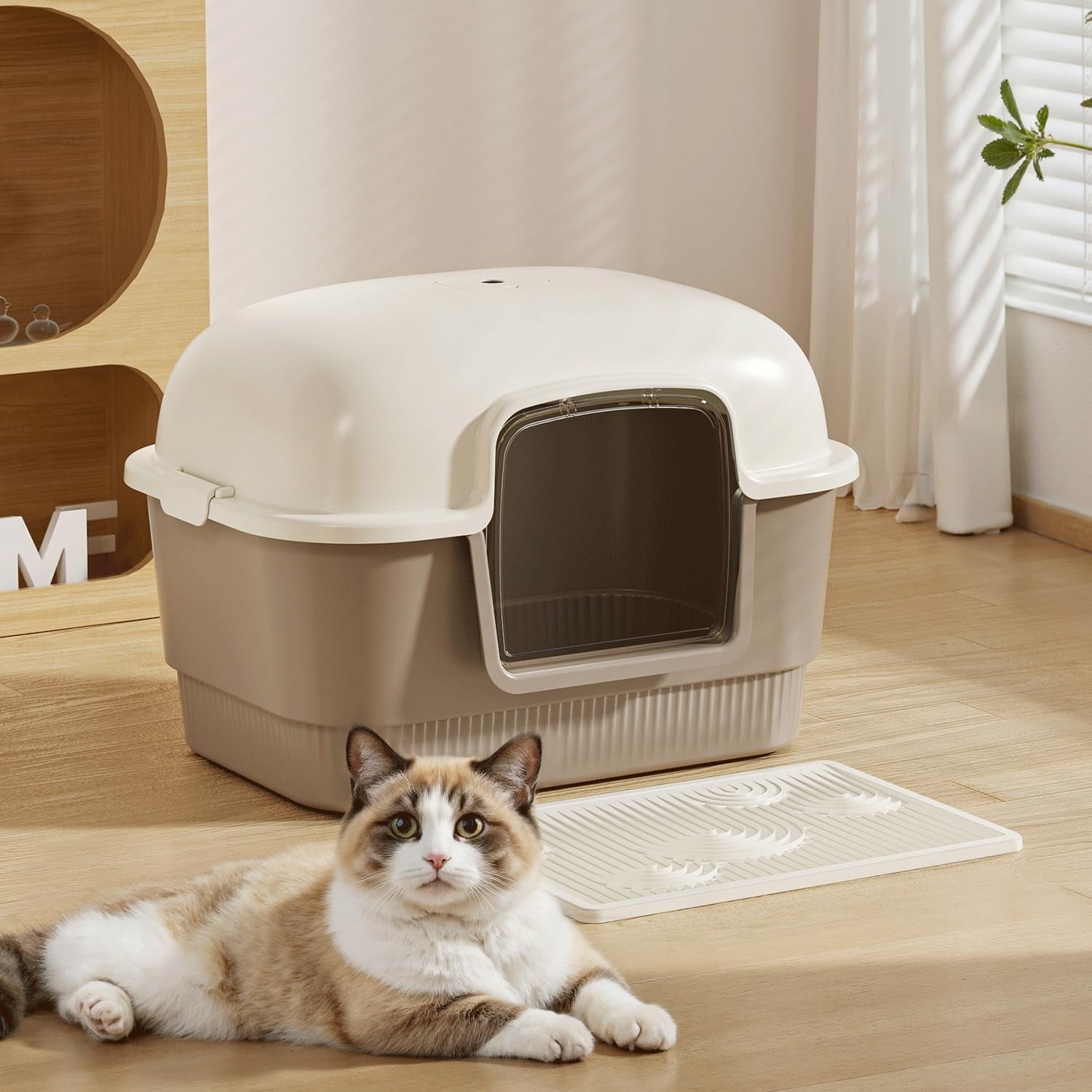 Litter Box with Litter Mat and Scoop,High Wall Enclosed  Litter Boxes for Anti-Leakage, Covered Kitty Litter Box with Handle and Buckles for Portability and , Odor Control (Brown)