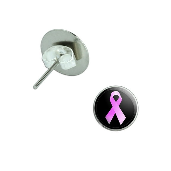 Breast Cancer Pink Ribbon on Black Pierced Stud Earrings