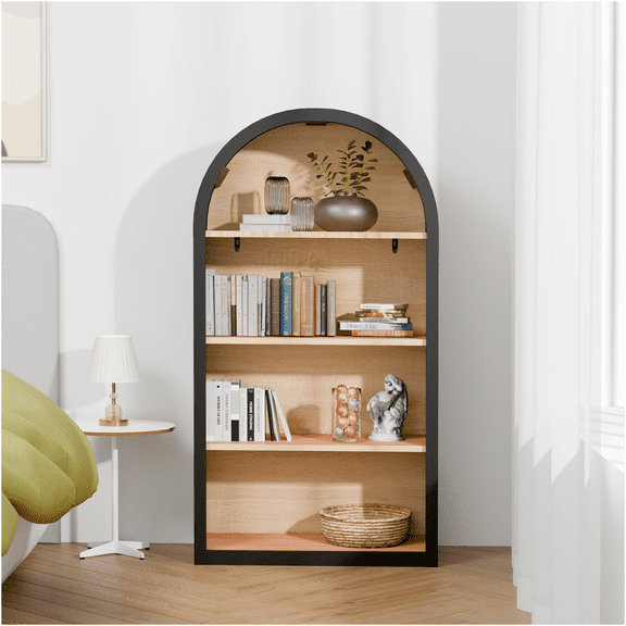 JERFIT 4 Tier Arched Bookcase, 43 Inch Tall Storage Shelf, Black MDF Bookcase with Anti-Tip Kit for Living Room, Office, Bedroom