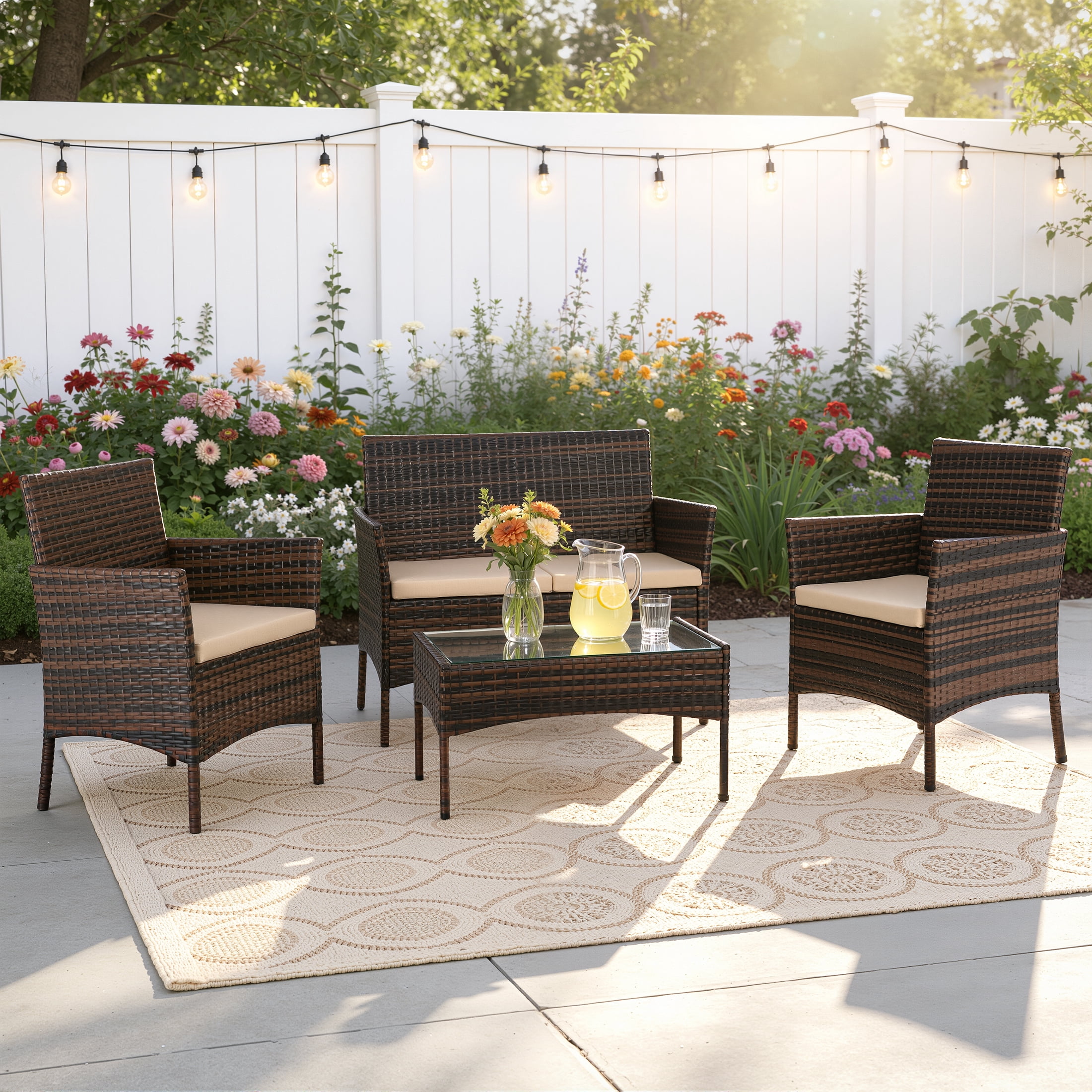 Enyopro 4-Piece Patio Furniture Set, with 2 Arm Chairs, Love Seat & Tempered Glass Coffee Table, Rattan Outdoor Conversation Chair Sets for Patio Porch Deck Balcony, Brown