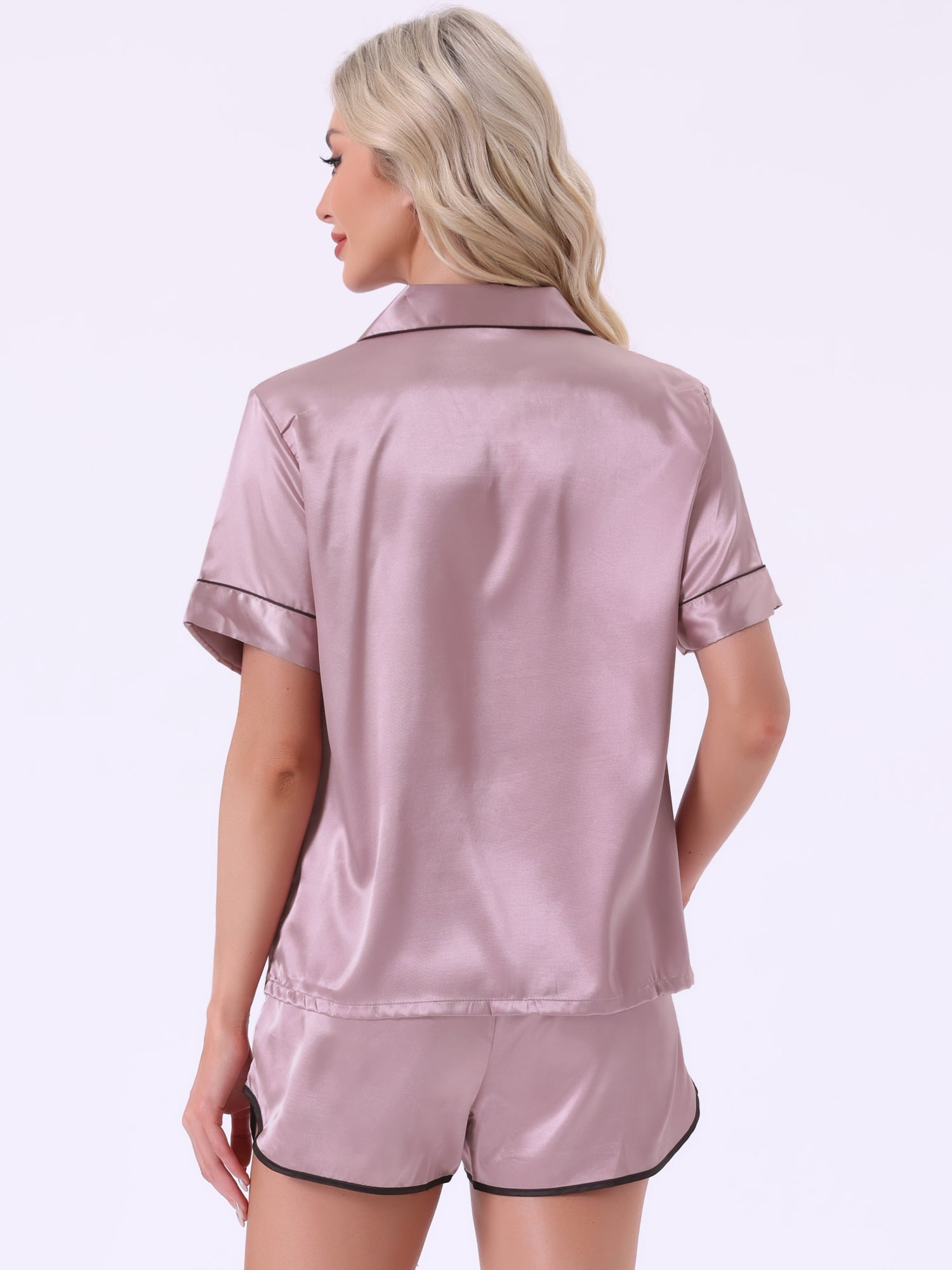 DARING DIVA Women's Satin Button Up Pajamas Short Sleeve Tops with Shorts XL Pink