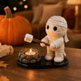 thumbnail image 5 of BingTong Fall Harvest Tealight Candle Holder, Resin Mummy & Scarecrow Figurine with Roasting Corn Marshmallow Stick, Mini Bonfire Base Halloween Thanksgiving Desktop Decor Ornament, 5 of 6