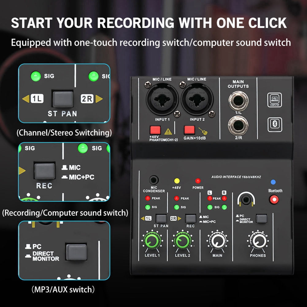 2 Channels Mini USB Mixer Professional Portable Audio Interface Sound Card Console for Guitar Recording Studio Singing