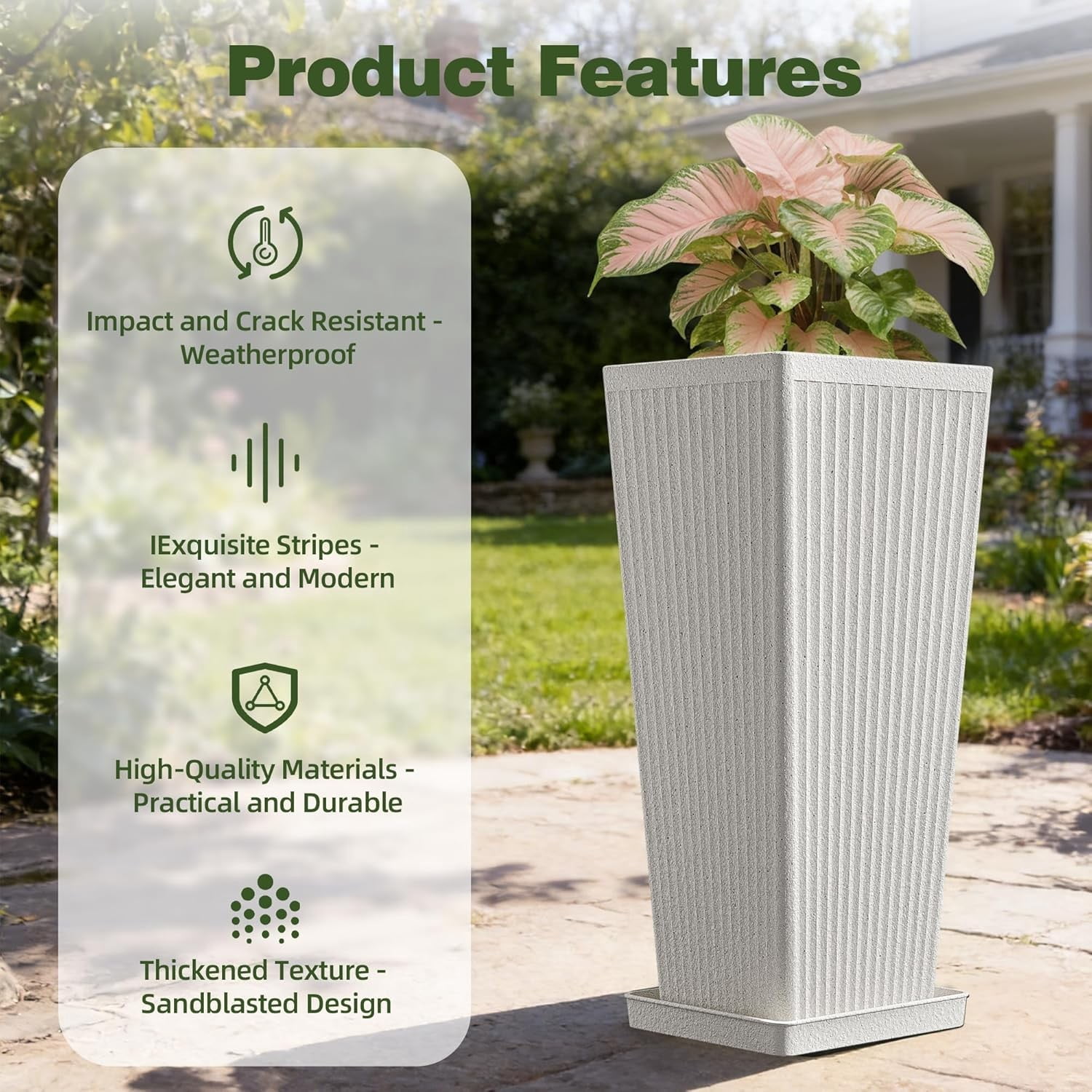 TOPCOMFY Tall Planters for Outdoor Plants Set of 2, 23.6" Modern Tapered Indoor Flower Pots with Drainage Holes/Partition/Tray for Porch Patio Garden, White