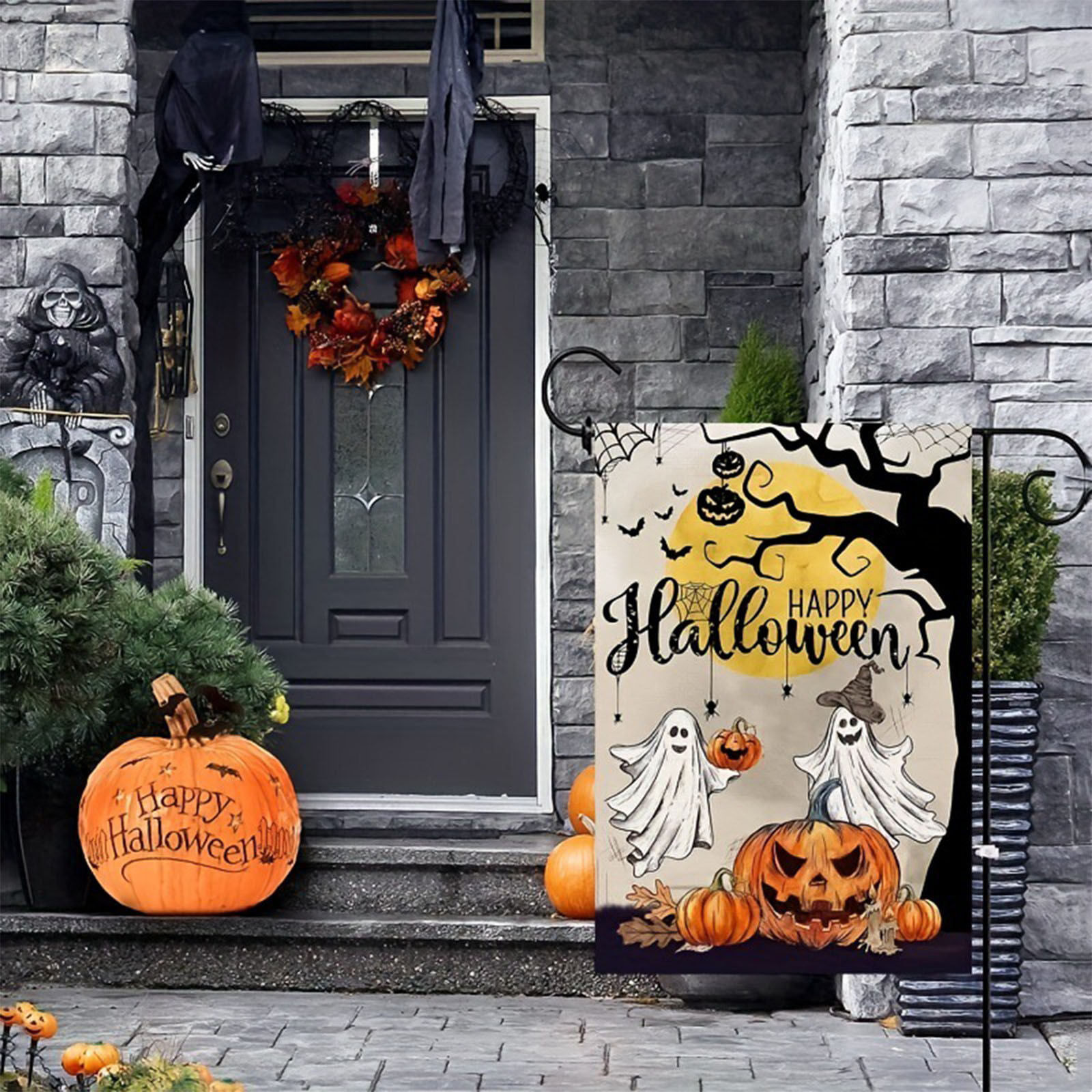 Halloween-Gartenflagge – Doppelseitig, 91 X 152 Cm, Aus Polyester – Mit Geistern, Kürbissen & Fledermäusen Für Haus, Hof, Veranda