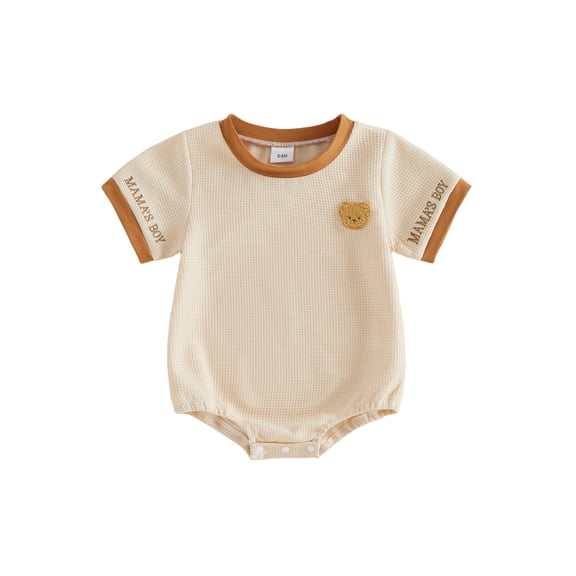 BemeyourBBs Newborn Baby Boy Summer Clothes Infant Baby Boys Mothers Day Outfit Bubble Romper Mama's Boy Letters Crew Neck Short Sleeve Bear Embroidery Waffle Knit Bodysuit Jumpsuit